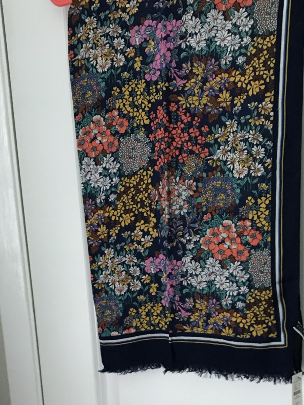 Talbots Navy Floral Border Scarf with Gold and White Accents
